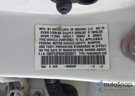 2019 Honda Civic Sport from USA, damaged, VIN 19XFC2F82KE033571